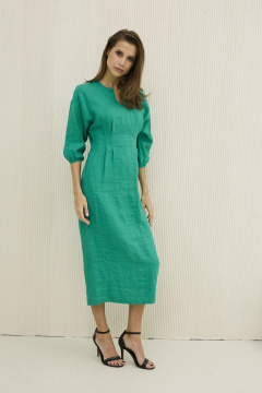 Платье из льна с защипами, поясом и карманами DAVA 148 зеленый - фото 3