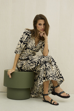 Платье из хлопка бежевое с принтом приталенное на лето DAVA 1206 черный-бежевый - фото 4