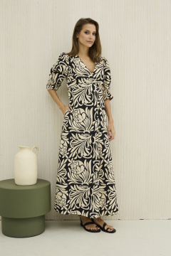 Платье из хлопка бежевое с принтом приталенное на лето DAVA 1206 черный-бежевый - фото 1