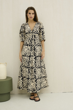 Платье из хлопка бежевое с принтом приталенное на лето DAVA 1206 черный-бежевый - фото 3
