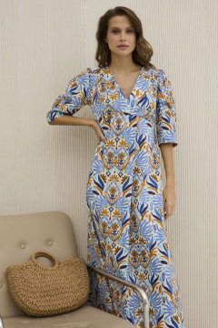 Платье из хлопка голубое с принтом приталенное на лето DAVA 1206 голубой-терракот - фото 5