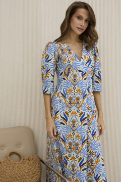 Платье из хлопка голубое с принтом приталенное на лето DAVA 1206 голубой-терракот - фото 4