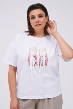 Футболка объемного кроя со спущенными плечами и принтом KaVaRi 4012 белый-коралл-принт - фото 4