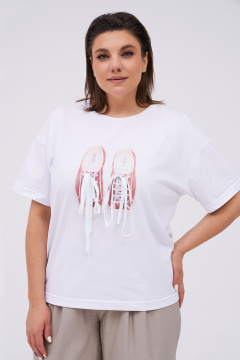 Футболка объемного кроя со спущенными плечами и принтом KaVaRi 4012 белый-коралл-принт - фото 3