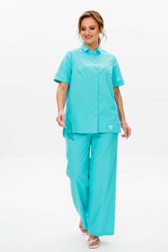 Леняной костюм блуза со вставками и зауженными брюками Mubliz 167 бирюза - фото 3