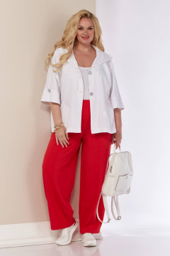Леняной комплект жакет с капюшоном и зауженные брюки Shetti 4057 белый+красный - фото 5