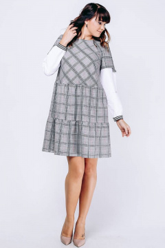 Платье свободного силуэта из текстиля с воланами и клеткой La rouge 5275 серо-розовый-(клетка) - фото 1