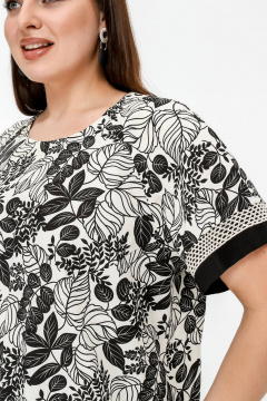 Нарядная летняя блузка с вышивкой и разрезами из текстиля La rouge 6297 бежево-черный-(цветы) - фото 5