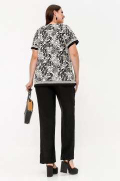 Нарядная летняя блузка с вышивкой и разрезами из текстиля La rouge 6297 бежево-черный-(цветы) - фото 4