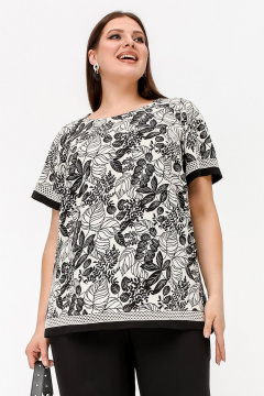 Нарядная летняя блузка с вышивкой и разрезами из текстиля La rouge 6297 бежево-черный-(цветы) - фото 1