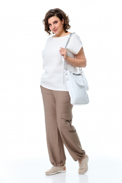 Блуза и брюки в стиле спорт-шик из натуральных тканей T&N 7510А белый/какао - фото 1