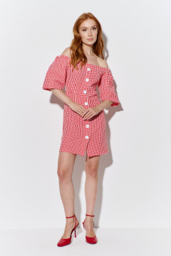 Приталенное платье из клетчатой ткани с верхом со спущенными плечами FLAIM 1085 красный - фото 5