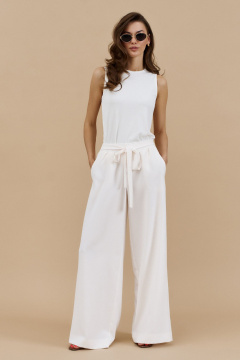 Свободные летние брюки с карманами и поясом на резинке DILIA 0874 кремовый - фото 1