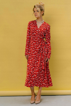 Красное платье приталенного силуэта с запахом и поясом JRSy 2420 красный_цветочек - фото 1