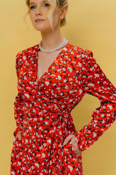 Красное платье приталенного силуэта с запахом и поясом JRSy 2420 красный_цветочек - фото 2