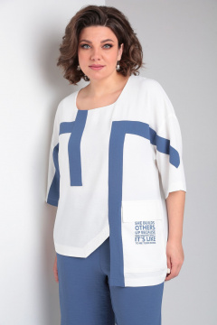 Летний женский костюм оверсайз из текстиля с карманами Rishelie 956 синий - фото 5