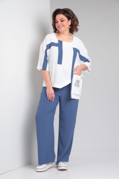 Летний женский костюм оверсайз из текстиля с карманами Rishelie 956 синий - фото 4