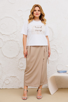 Юбочный комплект из хлопковой футболки и длинной юбки на запах Michel chic 1376 белый,бежевый - фото 2