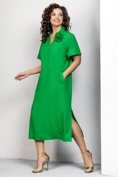 Платье из льна и текстиля с съемным цветком и карманами Gold Style 2611 зеленый - фото 1