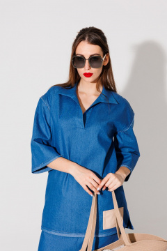 Блуза свободного кроя с запахом и разрезами NikVa 478-3 синий - фото 4