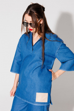 Блуза свободного кроя с запахом и разрезами NikVa 478-3 синий - фото 3