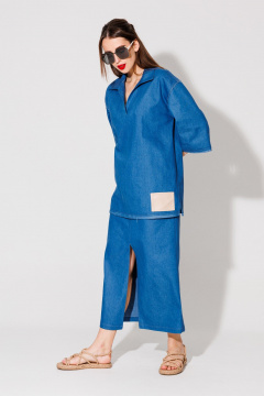 Блуза свободного кроя с запахом и разрезами NikVa 478-3 синий - фото 2