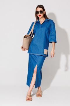 Блуза свободного кроя с запахом и разрезами NikVa 478-3 синий - фото 1