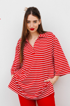 Блуза с запахом и воротником-стойкой из текстиля NikVa 478.4 красный_полоска - фото 1