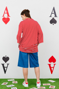 Блуза с запахом и воротником-стойкой из текстиля NikVa 478.4 красный_полоска - фото 3