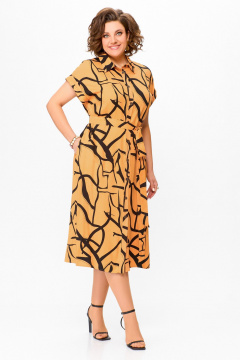 Лен оранжевое платье-рубашка с расклешением и карманами Swallow 740 светло-оранжевый/чёрный_принт - фото 5