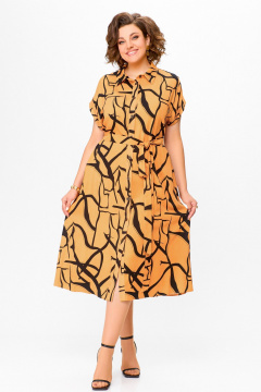 Лен оранжевое платье-рубашка с расклешением и карманами Swallow 740 светло-оранжевый/чёрный_принт - фото 4