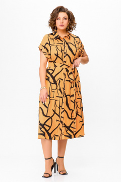 Лен оранжевое платье-рубашка с расклешением и карманами Swallow 740 светло-оранжевый/чёрный_принт - фото 3