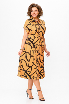 Лен оранжевое платье-рубашка с расклешением и карманами Swallow 740 светло-оранжевый/чёрный_принт - фото 2