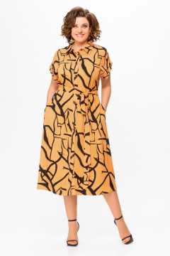 Лен оранжевое платье-рубашка с расклешением и карманами Swallow 740 светло-оранжевый/чёрный_принт - фото 1