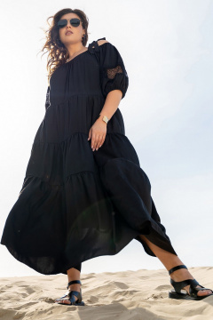 Легкое платье на бретелях с кружевными вставками и воланами Andina 829 чёрный - фото 4