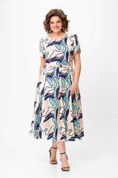 Платье с расклешенной юбкой и ремнем Swallow 725.1 светло-бежевый_принт_абстракция - фото 5