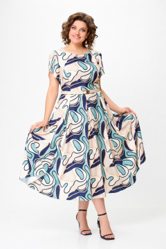 Платье с расклешенной юбкой и ремнем Swallow 725.1 светло-бежевый_принт_абстракция - фото 4