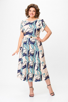 Платье с расклешенной юбкой и ремнем Swallow 725.1 светло-бежевый_принт_абстракция - фото 3