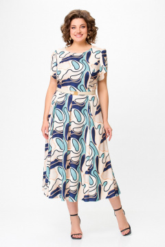 Платье с расклешенной юбкой и ремнем Swallow 725.1 светло-бежевый_принт_абстракция - фото 1