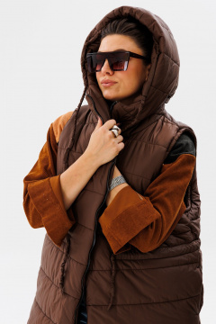 Удлинённый жилет из стёганой плащёвой ткани с капюшоном Anelli 1386 соболь - фото 4