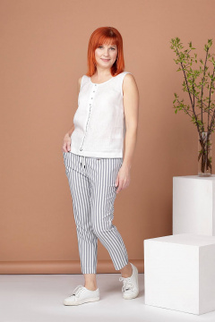 Брюки прямые свободные из текстиля с поясом на резинке Соджи 443 белый+голубой - фото 2