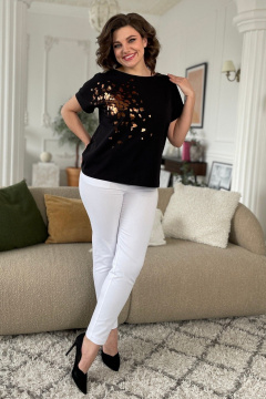 Черная трикотажная футболка с принтом и спущенным плечом Rumoda 2089_кр черный - фото 4