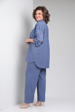 Брючный костюм из льна с кружевными вставками и карманами OVERYOU М147 джинсовый - фото 2