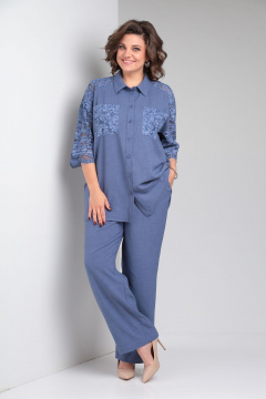 Брючный костюм из льна с кружевными вставками и карманами OVERYOU М147 джинсовый - фото 1