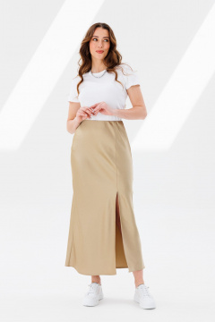 Юбка атласная трапециевидная с разрезом и скрытой резинкой ANIDEN 124-1 бежевый - фото 1