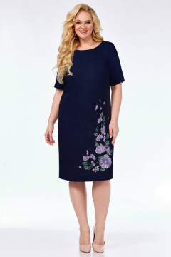 Платье льняное летнее с вышивкой и полуприлегающим силуэтом Линия Л Б-2009 темно-синий - фото 1