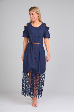 Платье летнее хлопковое с втачным рукавом и поясом AMORI 9520 синий - фото 1