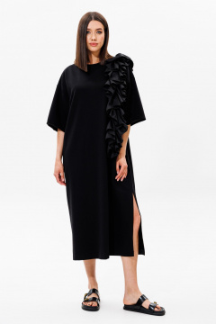 Платье oversize из хлопка с ассиметричной рюшей и разрезом Ларс Стиль 912 черный - фото 2