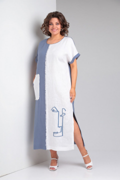 Летнее длинное платье из льна с карманами и бахромой Rishelie 948 светлый_джинс - фото 1