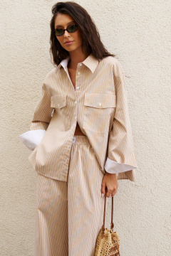 Рубашка из капучино с белой полосой и накладными карманами ANNETE A913/1 - фото 1